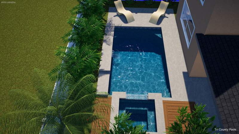 High-end pool design rendering being reviewed on a tablet outdoors