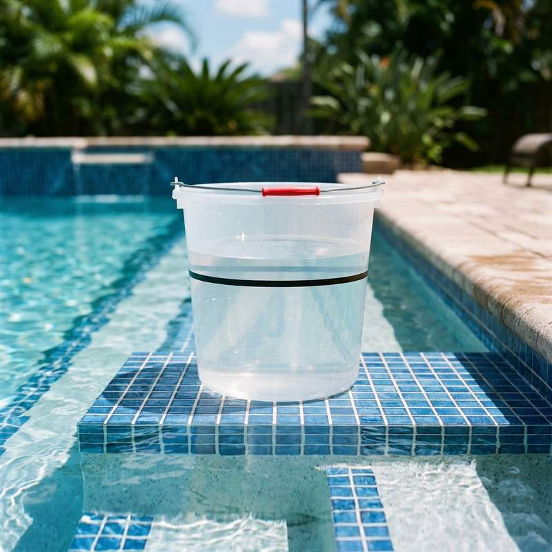 Plastic bucket sitting on the shallow step of a swimming pool with tape markers showing water levels inside and outside the bucket