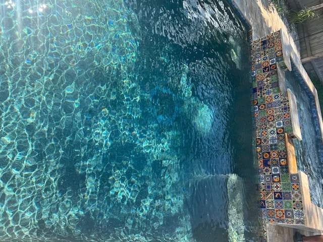 Custom pool under a screened enclosure featuring a raised wall finished in green-teal glass mosaic tiles with water spouts spilling into the pool