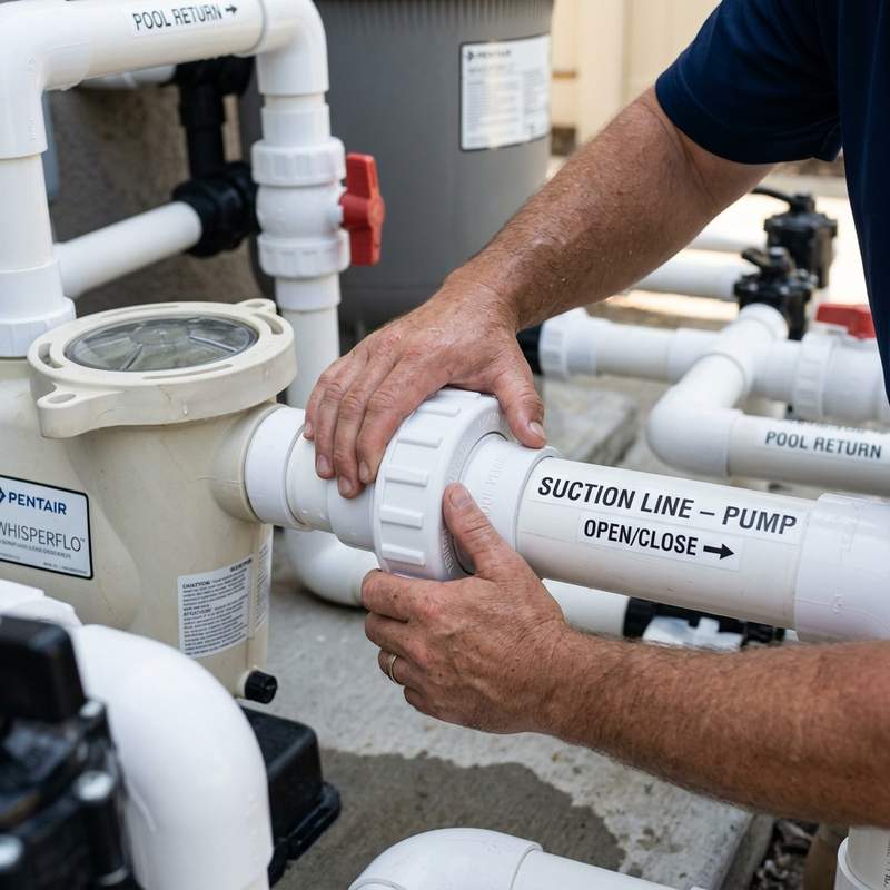 Hands unscrewing a modern white PVC plastic quick-disconnect union joint on pool equipment plumbing