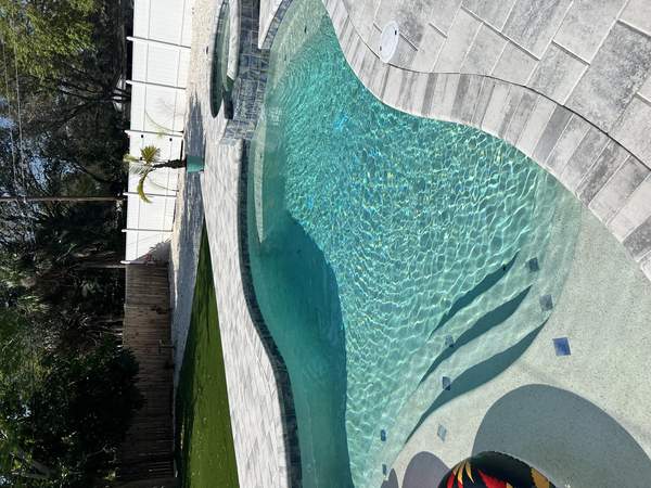 Curved freeform pool featuring a raised circular spa spillway and brick deck